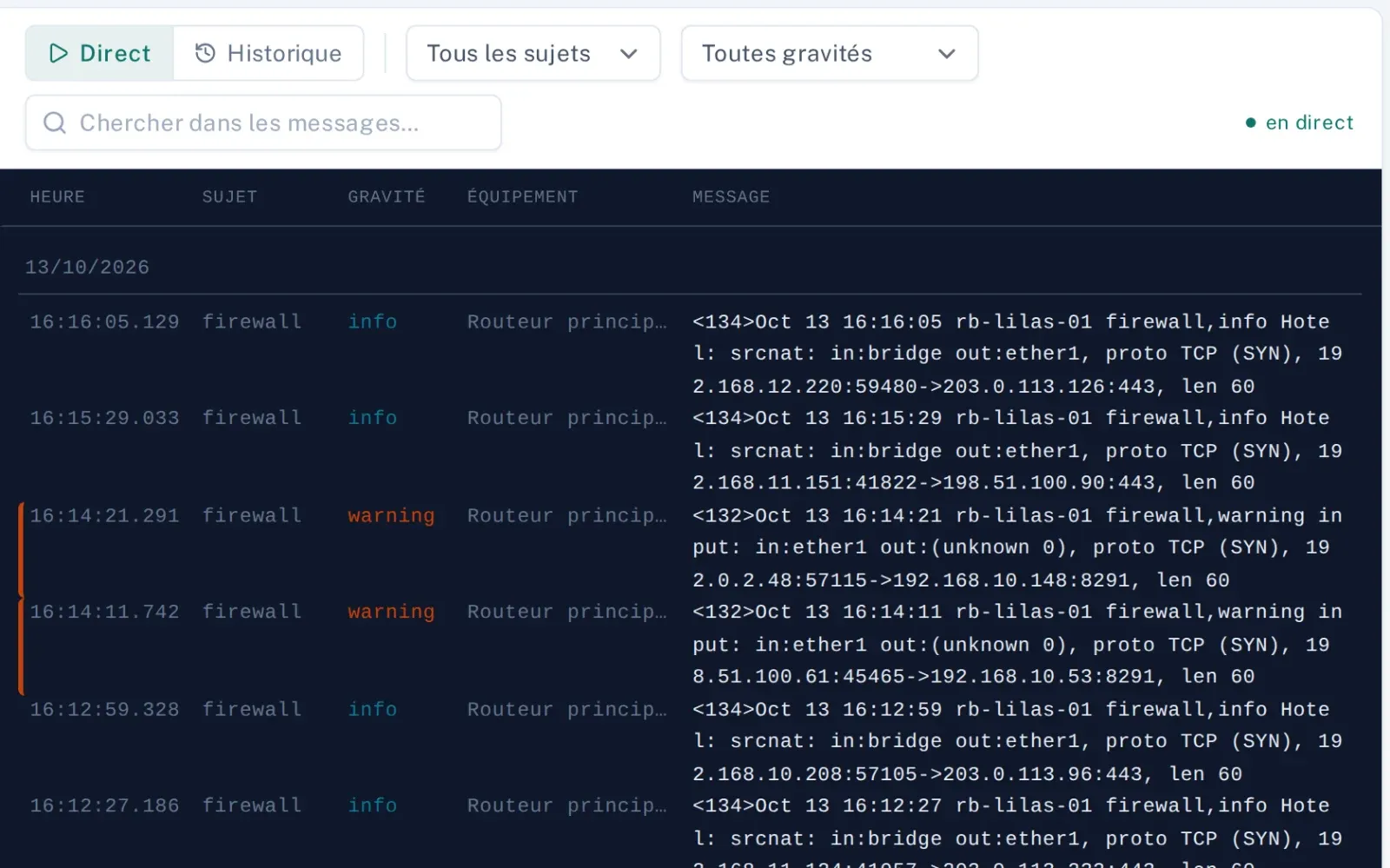 Les journaux d’un collecteur en direct : heure, sujet, gravité, équipement et message.